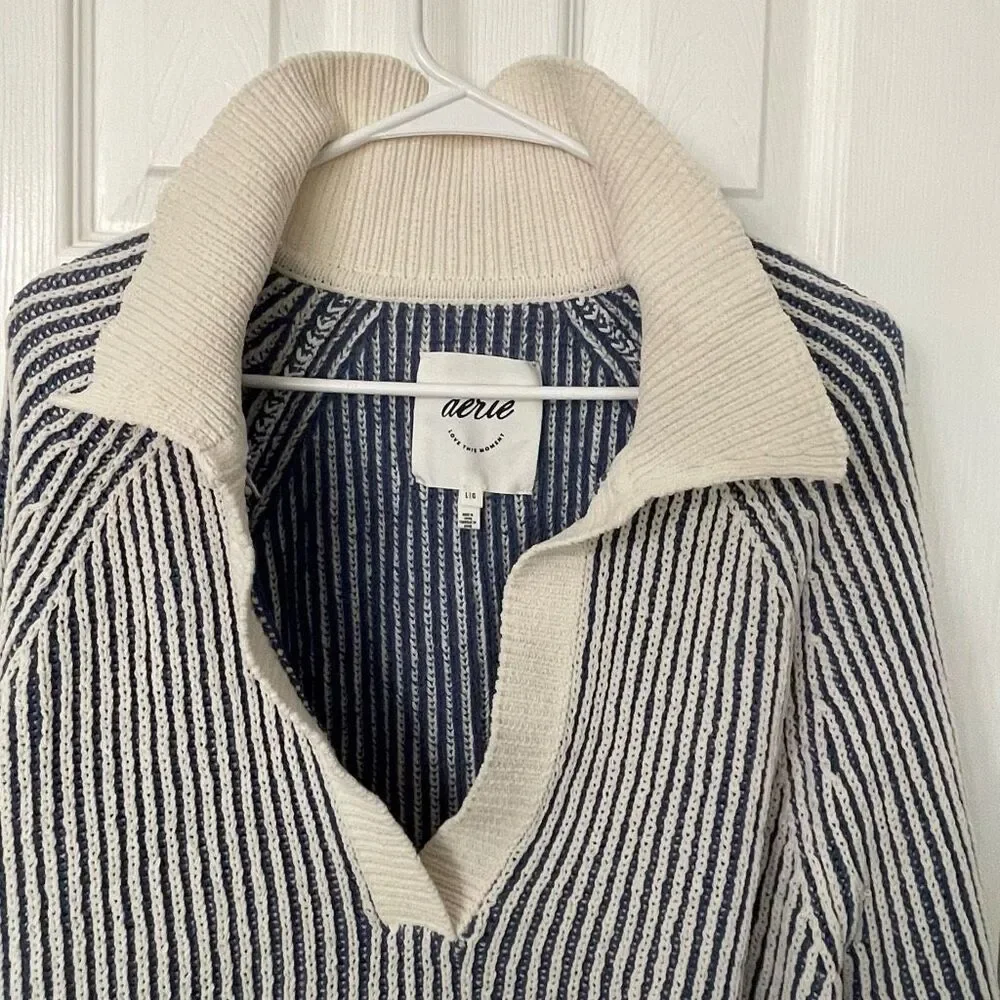 Aerie Striped Knit Collared Sweater Size Large Blue Cream Pullover - Picture 4 of 8